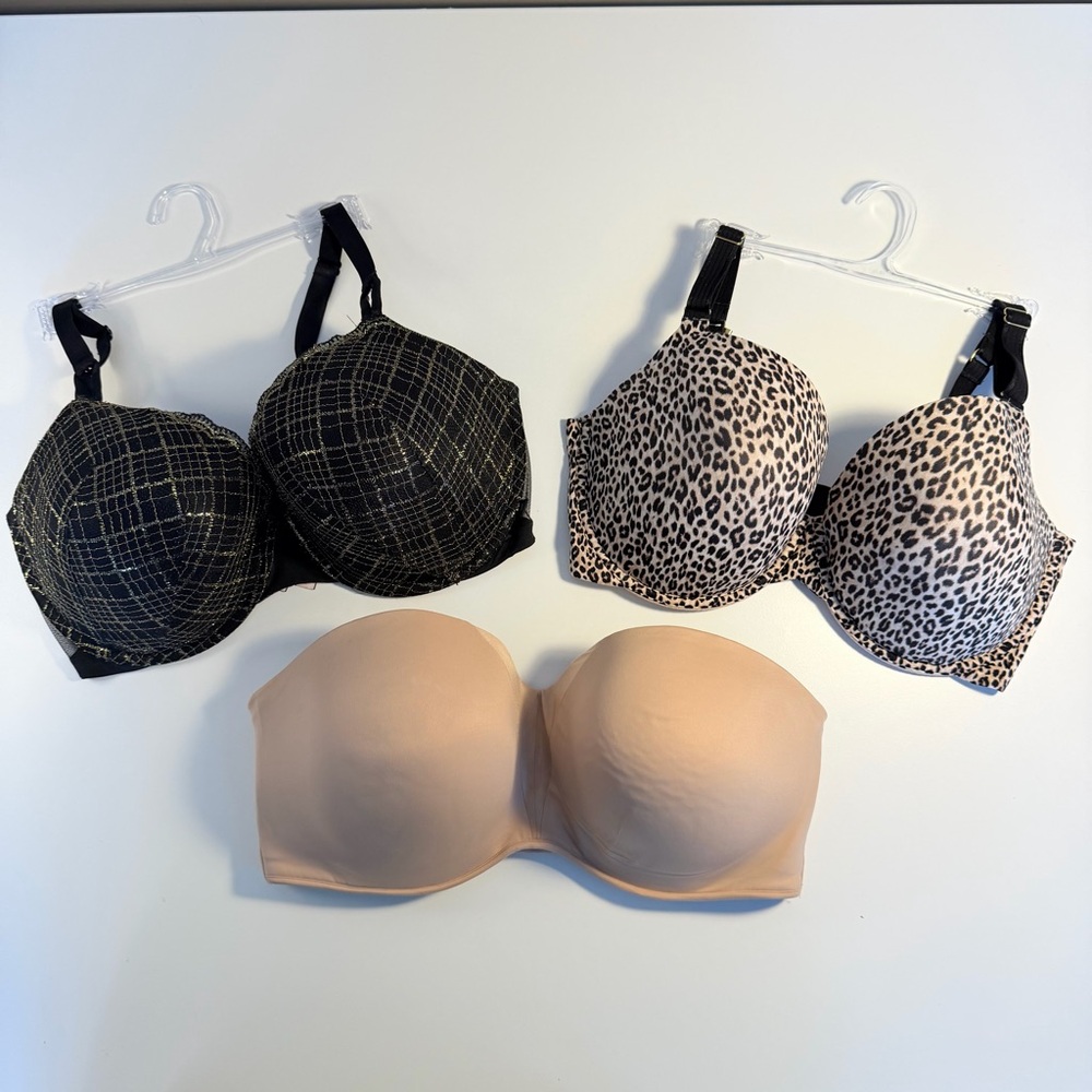 Lot of 3 38DDD Victoria’s Secret Black, Joyspun Leopard, and Soma Nude Strapless